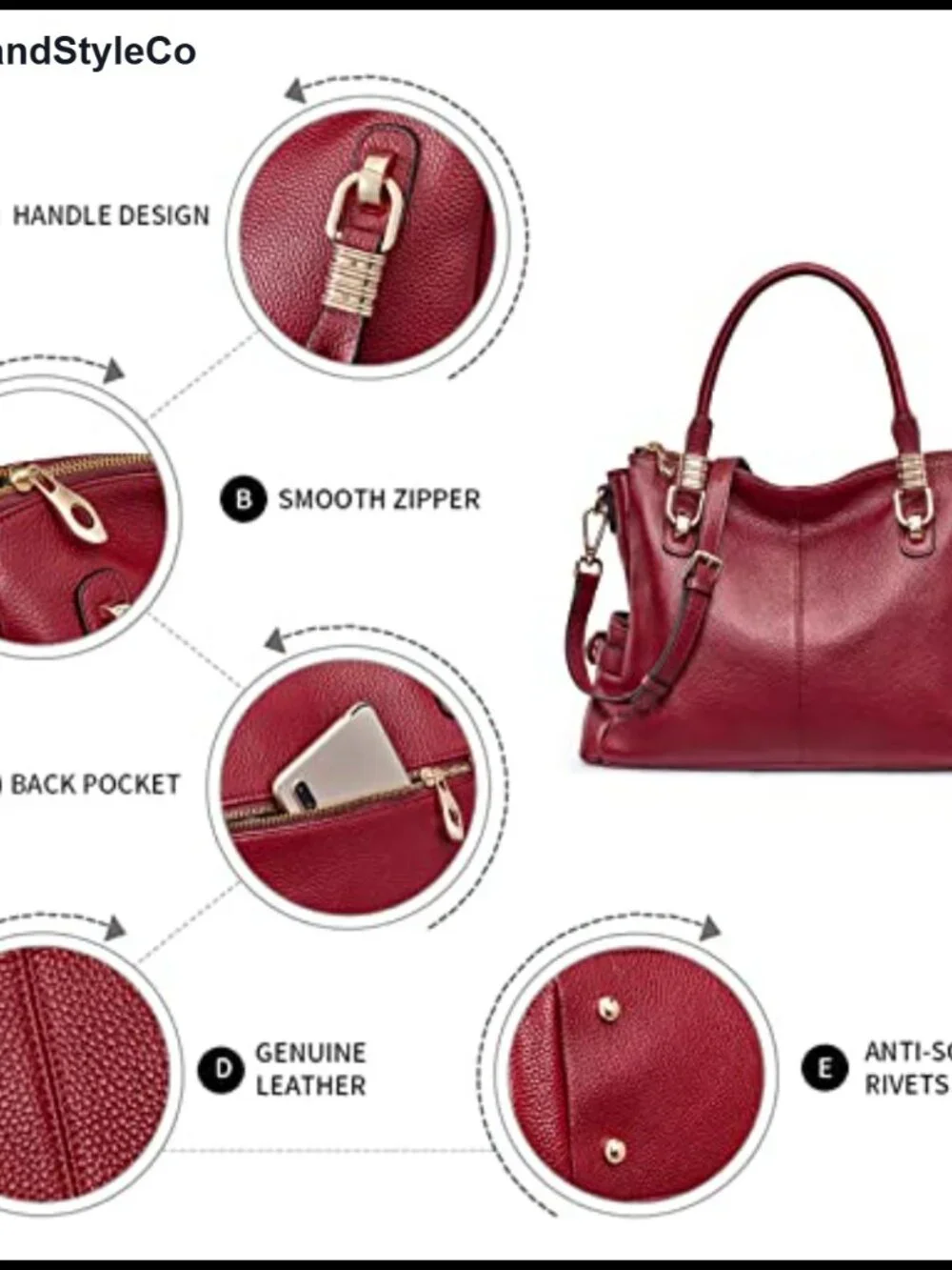 Genuine Leather Satchel Tote Shoulder Bag with Detachable Strap